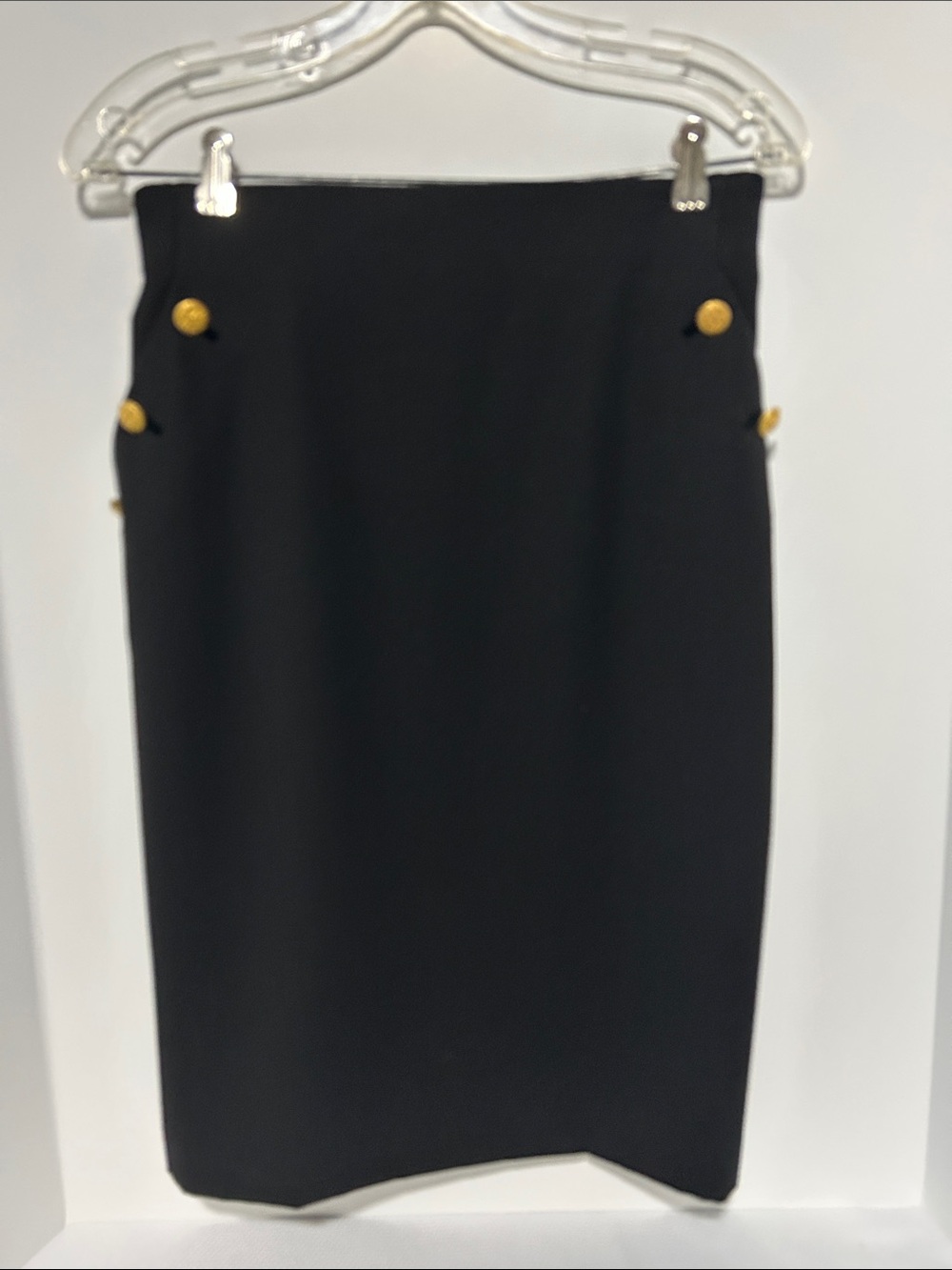 Escada Margaretha Ley Solid Black Straight Skirt Gold Buttons Lined US Size 8